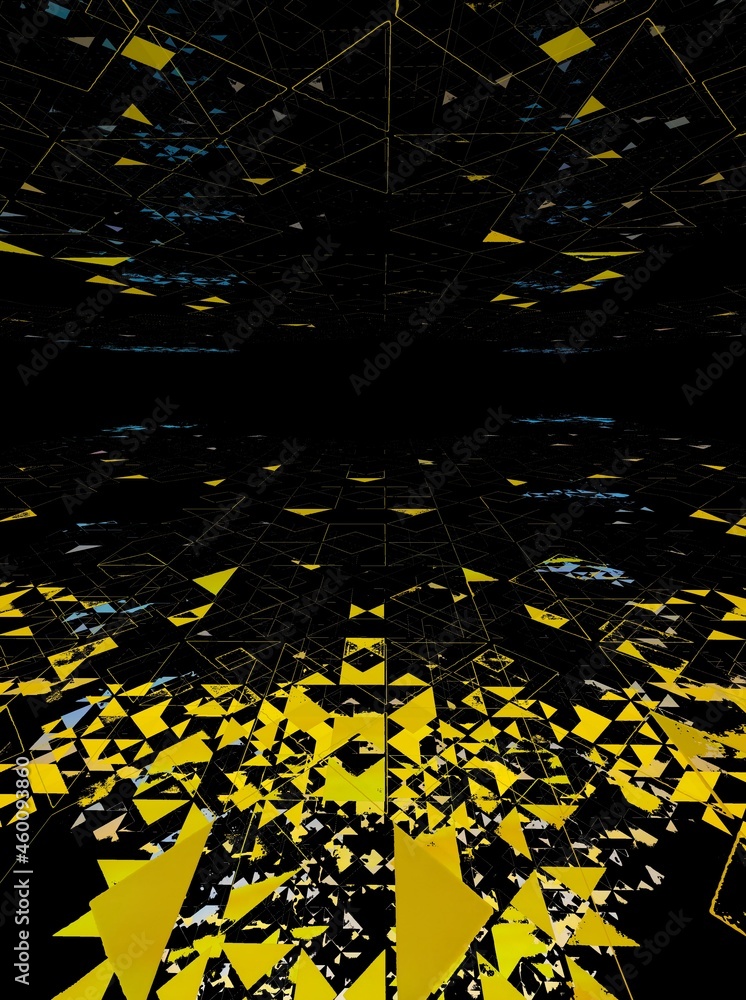 Fototapete exploding colourful futuristic 3d textured metallic design on a black and coloured bokeh layered bac