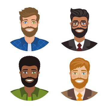 Set of persons with heterochromia. Handsome man with different eye colors - blue, green, brown. Smiling, cheerful, bearded characters. Cartoon style. Vector portraits isolated on a white background.