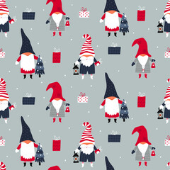 Christmas gnomes. Festive seamless background. Vector illustration.