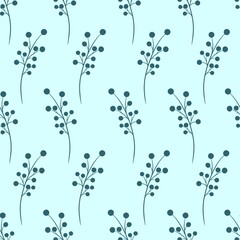 Branches with berries seamless symmetrical pattern. A neat, simple background with floral elements on a blue backing. Template for wallpaper, fabric and packaging, vector decoration.