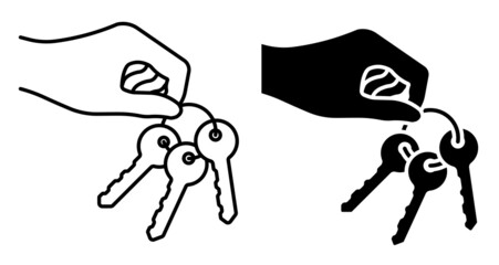 Linear icon. Hand of admin holds bunch of metal key of lock. Solving complex business issues on way to success. Simple black and white vector isolated on white background