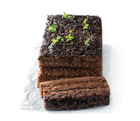 chocolate glaze layered biscuit cake isolated on white