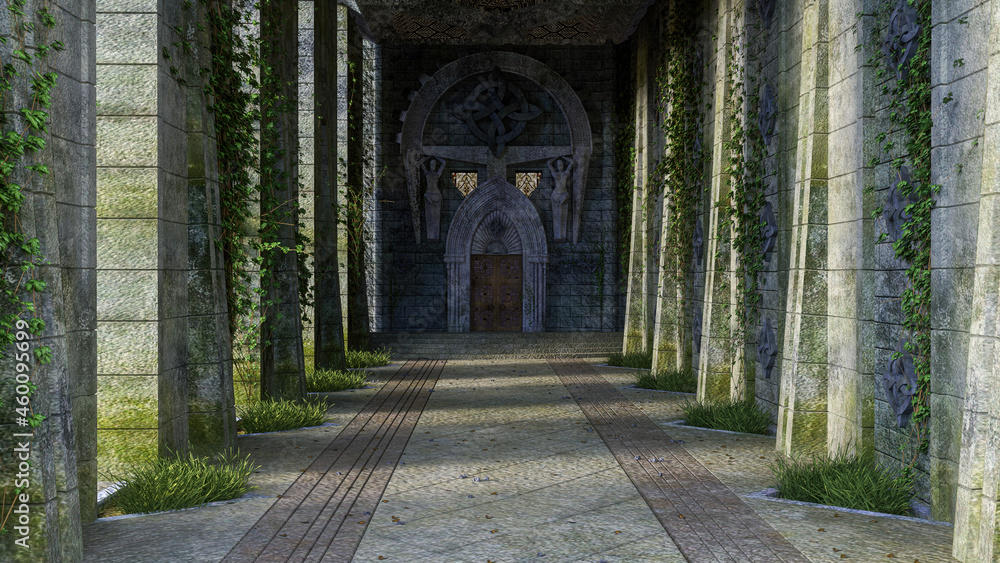 Poster 3d rendering of an old medieval fantasy cstle hall with stone columns leading to a wooden doorway.