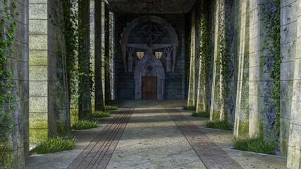 3D rendering of an old medieval fantasy cstle hall with stone columns leading to a wooden doorway.