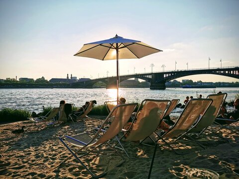 Sundown At River Rhein At City Mainz With View On Theodor-Heuss Bridge