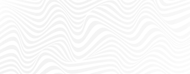 Wavy lines white monochrome background. Optical illusion striped wrapped background design. Vector abstract wide horizontal background. White and gray shade colors.
