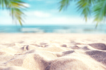 Tropical summer sand beach and palm on sea sky background, copy space. Summer vacation and travel concept.