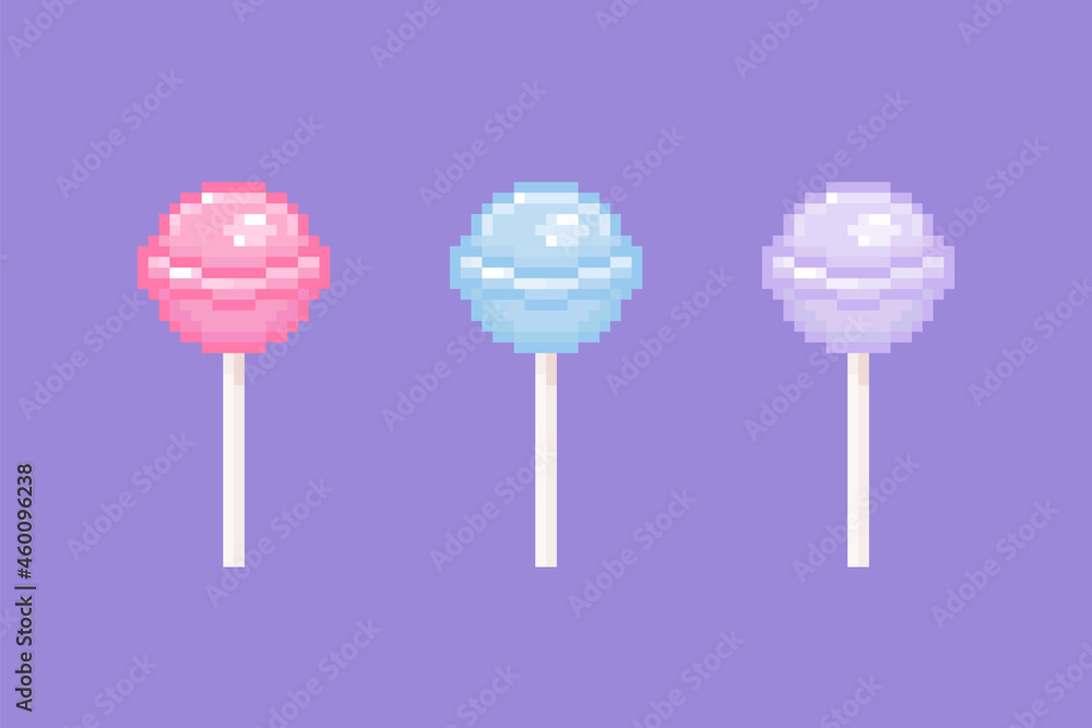 Poster Pixel art lollipop illustration set. Vintage classic round lollipops in retro 8 bit gaming style. Pixel isolated pink blue purple round lollipop icon. Vector.