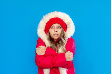 A young frozen caucasian pretty blonde woman in a red warm down jacket and hat with white fur on the hood shivers hugging herself isolated on a bright color blue background