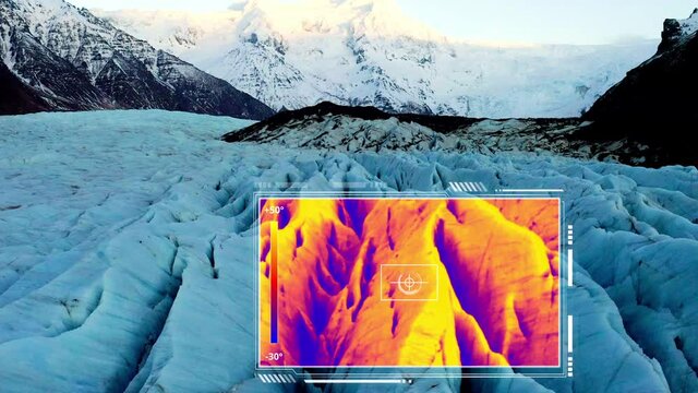 Drone with thermal camera scanning glacier surface for melting marks - 3d animation - Global warming