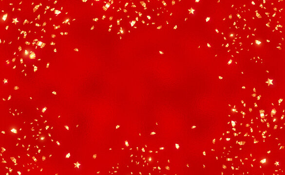 Red foil background with shiny gold confett and stars. Abstract red party holiday background with confetti gold. Celebration background, Christmas and New Year, Award, Grand Opening. 3d rendering