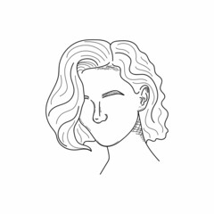 Drawing, engraving, ink, line art, vector illustration beautiful woman girl with short hair beauty sketch in silhouette on a white background.