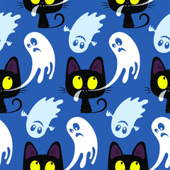 Vector seamless Halloween pattern made up of funny black kittens catching ghosts on a blue background.
