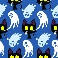 Fototapeta premium Vector seamless Halloween pattern made up of funny black kittens catching ghosts on a blue background.