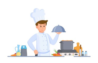 Vector illustration of chef cooking. Cooking in the kitchen. Food at home. Minimalist style. Isolated on white background.