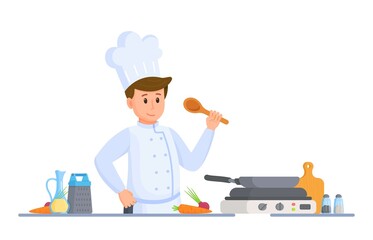 Vector illustration of chef's kitchen. Cooking in a restaurant kitchen. Head chef. Hospitality. Roasting in a pan. 