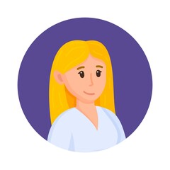 Vector illustration of a beautiful blonde in a purple circle on a white background. Office worker. Photo for documents or avatar for social network. 