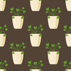 Vector illustration of house plant pattern. Seamless drawing of houseplants in a white vase on a brown background. Beautiful room ivy. 