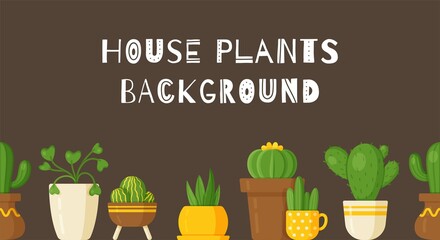 Vector illustration plant background. Beautiful background with houseplants in vases. Large floor vases and small mounted ones. 
