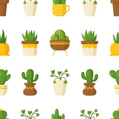 Vector illustration plant pattern on white background.  Seamless illustration with houseplants. Different flowers in vases and cups. 