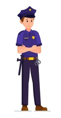 Vector illustration of policeman isolated on white background. A man in a police uniform and weapon. Outfit. Calling for a crime.   