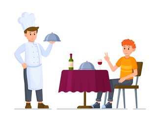 Vector illustration of a restaurant concept. Reserved modern restaurant table with tablecloth, wine, glass and dish under cloche. Dinner at a restaurant after work. Recreation. 