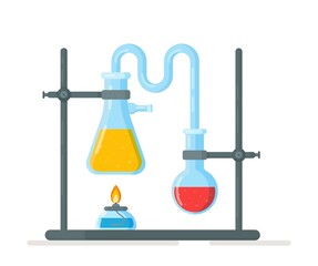 Vector illustration of tripod flasks. Experiment in chemistry class. Chemical synthesis. Structure, definition of a substance. Elementary composition. 
