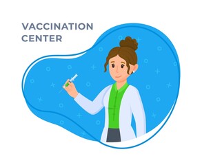 Vector illustration of virus vaccine. To be vaccinated against disease. Vaccine in a syringe. Pandemic. Vaccination center. Female doctor holding a syringe of vaccine.