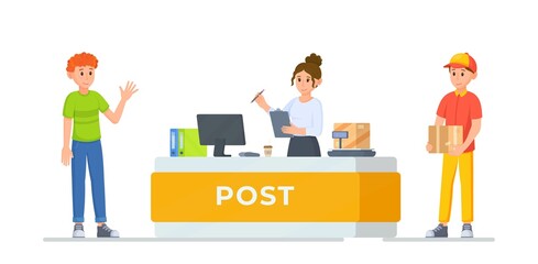 Vector illustration visit post. Post office concept. Picking up a parcel from the post office. Ordering online. 