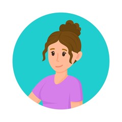 Vector flat illustration of woman avatar. Avatar of a smiling young woman. Portrait. Beautiful curly brunette. 