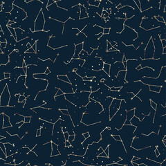 Astrological seamless pattern with stars and constellations. Gold foil texture