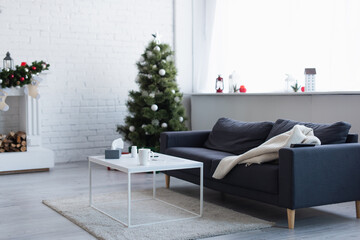 warm blanket on couch near table with pills container, cup of warm drink and paper napkins in living room with decorated christmas tree