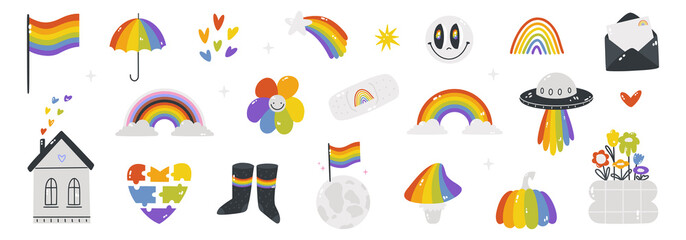 Big set of LGBTQ stickers. Collection of icons on the LGBTQ theme. Symbols of the month of pride. Vector illustration in cartoon style. All elements are isolated.