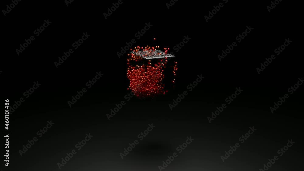 Aufkleber close up of silver metallic cube rotating surrounded by endless quantity of tiny red spheres. design