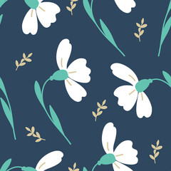 vector seamless floral pattern, spring flowers white crocuses on blue background