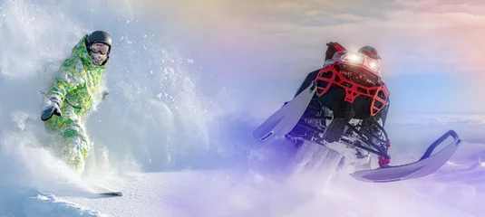 Gordijnen freeriders are snowboarders and snowmobilers. advertising of winter extreme sports. the concept of ski resorts and the mecca of snowmobile tourism © Wlad Go