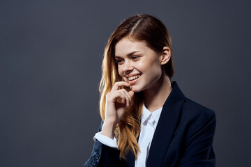 female manager self-confidence official dark background