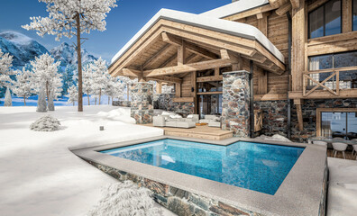 3d rendering of modern cozy chalet with pool and parking for sale or rent. Beautiful forest mountains on background. Massive timber beams columns. Cool winter day with shiny white snow.