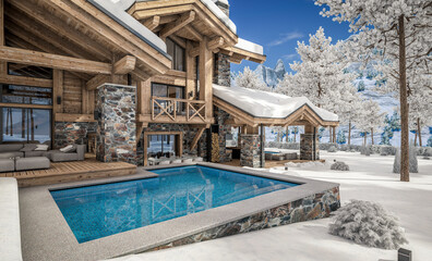 3d rendering of modern cozy chalet with pool and parking for sale or rent. Beautiful forest mountains on background. Massive timber beams columns. Cool winter day with shiny white snow.