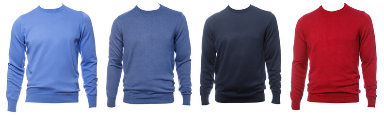 Longsleeve jumpers of various colours on mannequin isolated