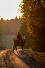 Woman horseback rides on the country road at sunset