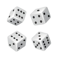 Dice - realistic white cubes with random numbers of black dots or pips and rounded edges. Vector game cubes isolated. Isolated 3d objects for hobbies