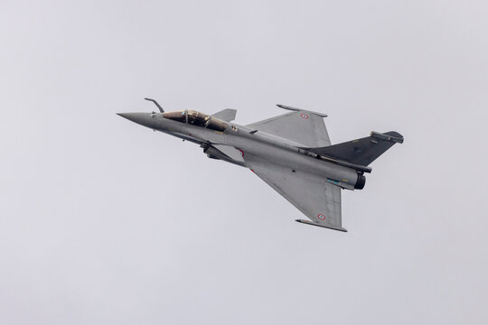 St Paul's Bay, Malta - September 24, 2021: French Air Force Dassault Rafale C (REG: 140) on a practice display over the sea.