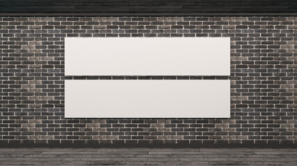 Mockup brick wall in Scandinavian style. Blank white poster with frame empty wall mock-up. 3d render.