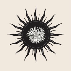Black sun and white flower. Space illustration. Vintage illustration.