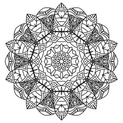 Mandala flower. Circular pattern with many details and geometry elements. Vector illustration for coloring book, tattoo, logo, henna, mehndi