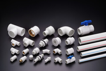 UPVC  CPVC Fittings for polypropylene pipes. Elements for pipelines. plastic piping elements. They are designed for connecting pipes. Concept sale of polypropylene fittings.