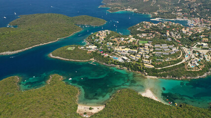 Aerial drone photo of iconic Sivota complex islands consisting of Mourtos island, Mourtemeno and Agios Nikolaos with turquoise clear sandy beaches and popular resorts, Thesprotia, Epirus, Greece