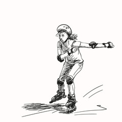 Sketch of teenage girl on rollers speed skating, Isolated on white background, Hand drawn vector illustration with hatched shades