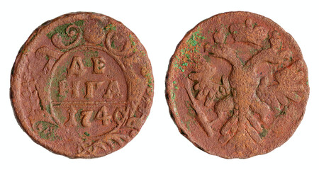 Copper coin of the Russian Empire. One denga (half kopek) 1740 - obrazy, fototapety, plakaty